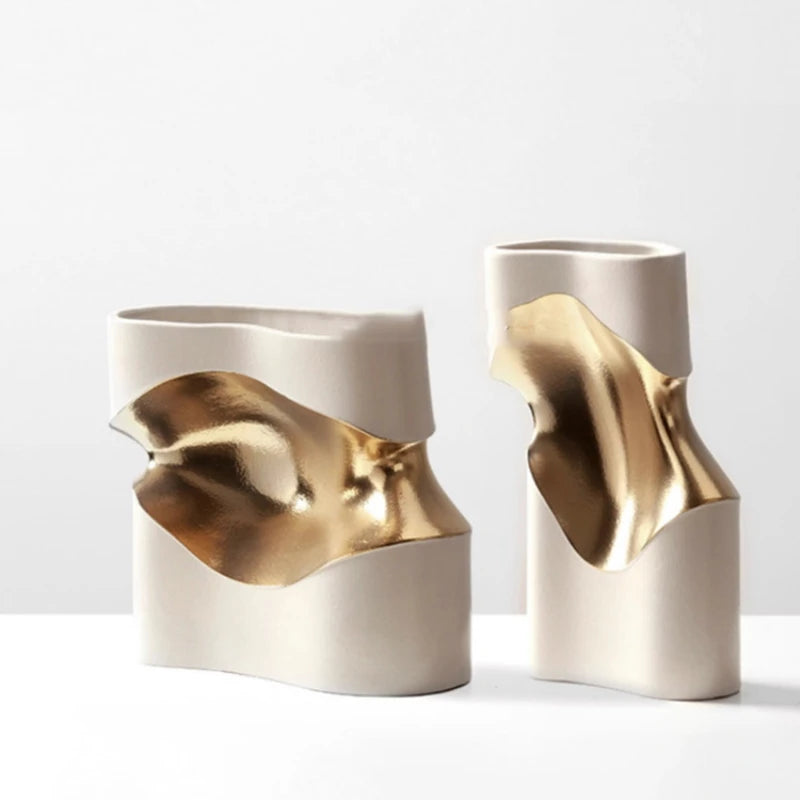 Ceramic Vase Curve Irregular Bend Golden Flower Artistic Flowerpots Porcelain Crafts Ornaments Room Decoration